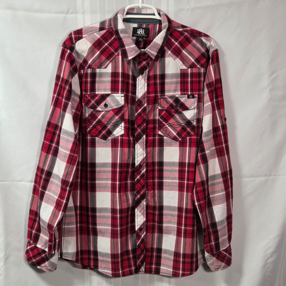 Rock & Republic Shirt Mens L Red Plaid Western Long Sleeve Button Down Pockets